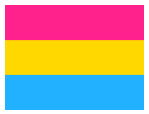 Pansexual Flag. Three vertical stripes. Magenta at the top, yellow in the middle, light blue at the bottom